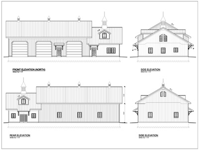 Detailed line-drawings of a horse barn design and outbuildings