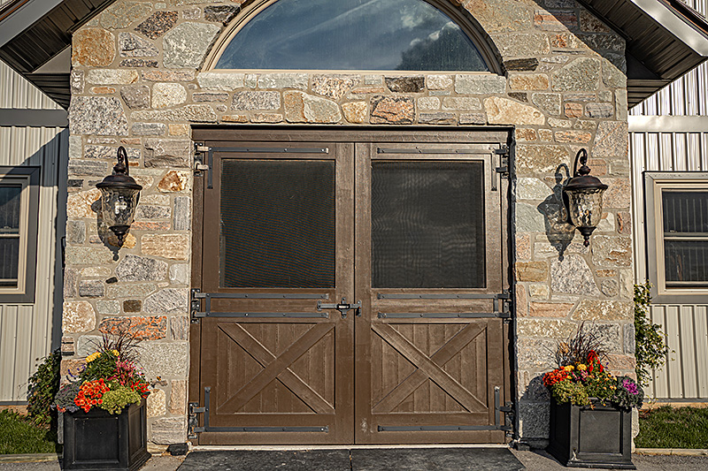 Front doors to stables of Valhalla Equestrian Centre in King City, Ontario